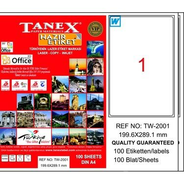Tanex Tw-2001 199x289,1 Mm Laser Etiket 100 Adet