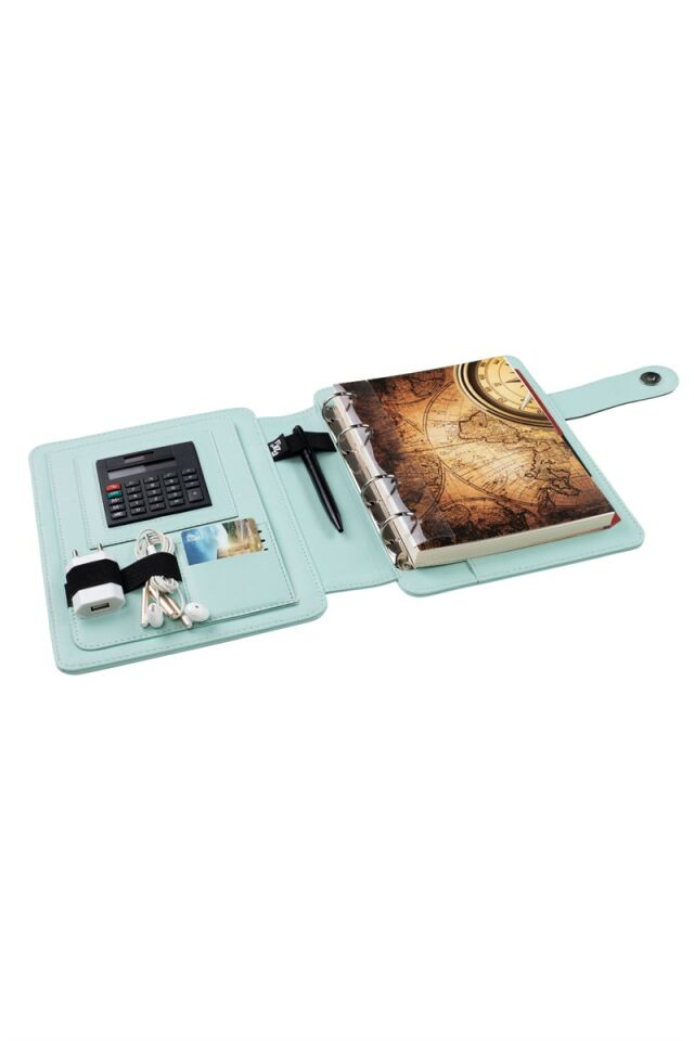 2K Tarihsiz Çizgili 15x21 Cm İç Defterli 4 Halkalı Telefon Kılıflı Kapaklı Deri Organizer Su Yeşili
