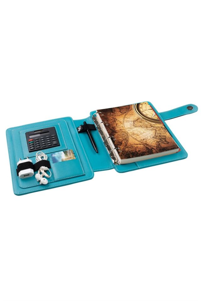 2K Tarihsiz Çizgili 15x21 Cm İç Defterli 4 Halkalı Telefon Kılıflı Kapaklı Deri Organizer Turkuaz