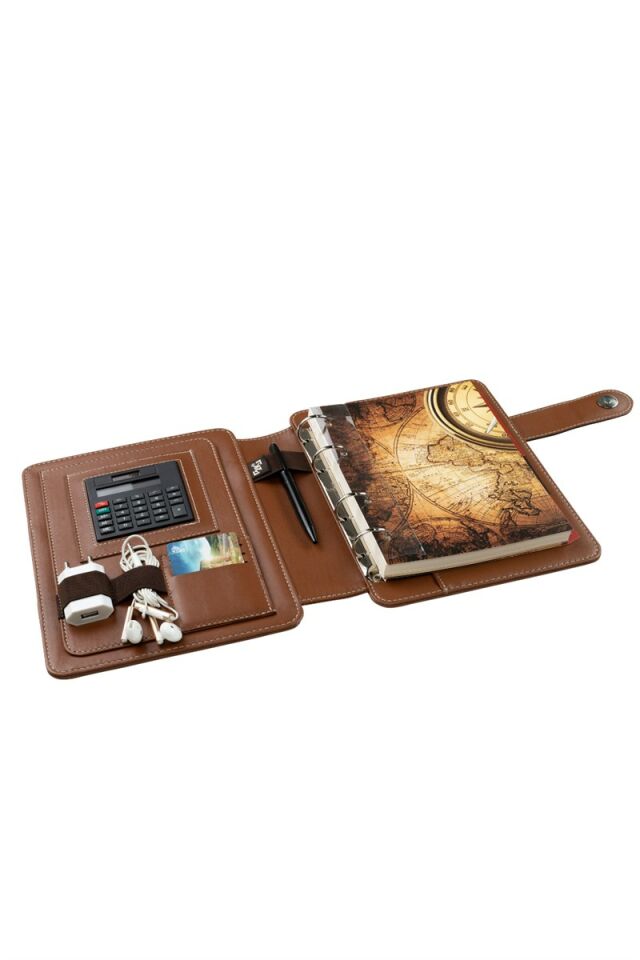 2K Tarihsiz Çizgili 15x21 Cm İç Defterli 4 Halkalı Telefon Kılıflı Kapaklı Deri Organizer Taba