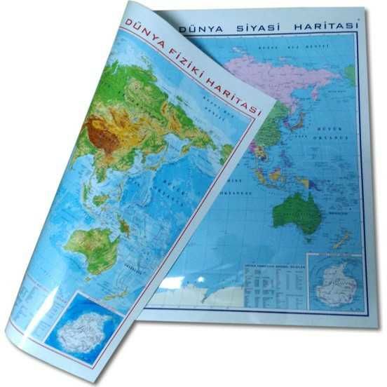 Gürbüz Dünya Fiziki + Siyasi Harita (35x50) Çift Taraflı