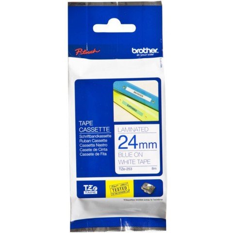 TZe-253 24mm Beyaz üzerine Mavi Laminasyonlu Etiket (TZe Tape)