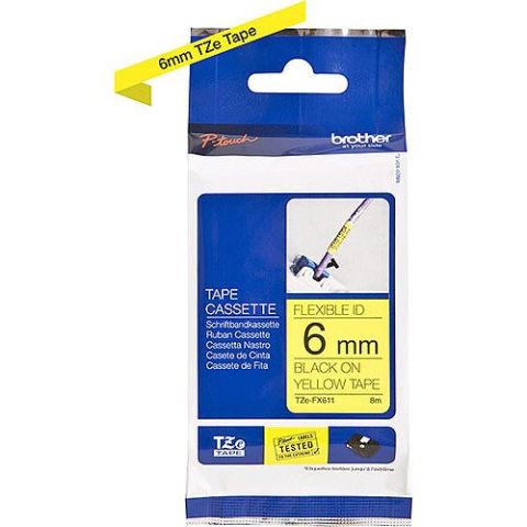 TZe-FX611 6mm Sarı üzerine Siyah Esnek Laminasyonlu Etiket (TZe Tape)