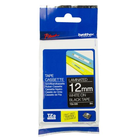 TZe-335 12mm Siyah üzerine Beyaz Laminasyonlu Etiket (TZe Tape)