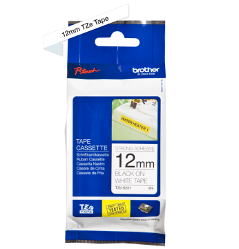 TZe-S231 12mm Beyaz üzerine Siyah Güçlü Yapışkanlı Laminasyonlu Etiket (TZe Tape)