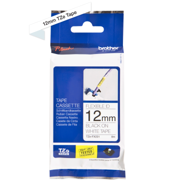 TZe-FX231 12mm Beyaz üzerine Siyah Esnek Laminasyonlu Etiket (TZe Tape)