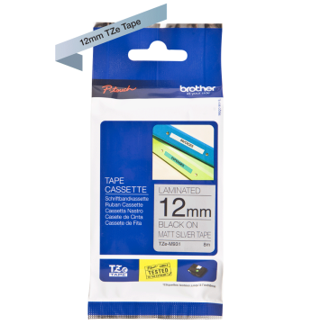 TZe-M931 12mm Mat Gümüş üzerine Siyah Laminasyonlu Etiket (TZe Tape)