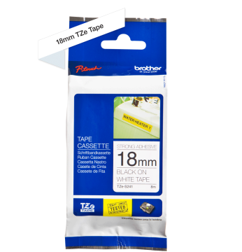 TZe-S241 18mm Beyaz üzerine Siyah Güçlü Yapışkanlı Laminasyonlu Etiket (TZe Tape)