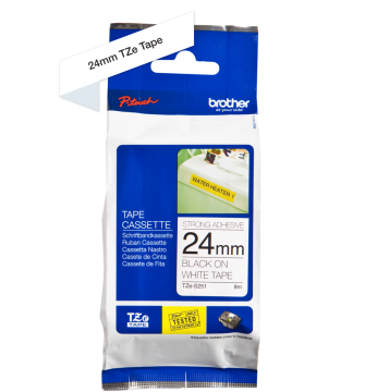 TZe-S251 24mm Beyaz üzerine Siyah Güçlü Yapışkanlı Laminasyonlu Etiket (TZe Tape)