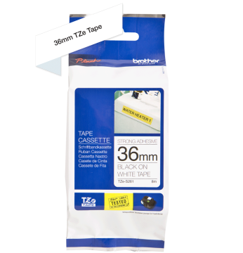 TZe-S261 36mm Beyaz üzerine Siyah Güçlü Yapışkanlı Laminasyonlu Etiket (TZe Tape)