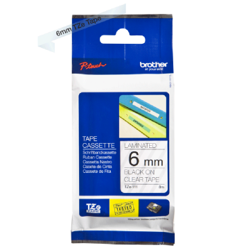 TZe-111 6mm Şeffaf üzerine Siyah Laminasyonlu Etiket (TZe Tape)