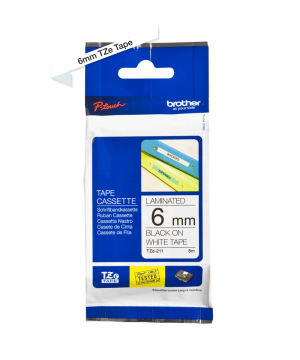 TZe-211 6mm Beyaz üzerine Siyah Laminasyonlu Etiket (TZe Tape)