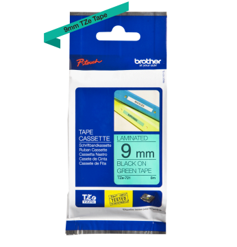 TZe-721 9mm Yeşil üzerine Siyah Laminasyonlu Etiket (TZe Tape)