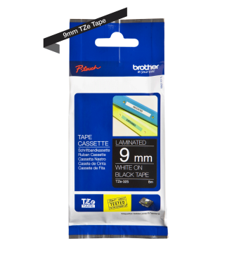 TZe-325 9mm Siyah üzerine Beyaz Laminasyonlu Etiket (TZe Tape)