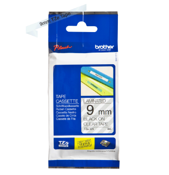 TZe-121 9mm Şeffaf üzerine Siyah Laminasyonlu Etiket (TZe Tape)