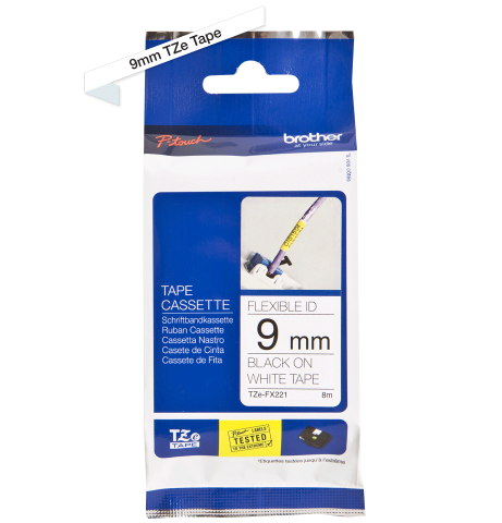 TZe-FX221 9mm Beyaz üzerine Siyah Esnek Laminasyonlu Etiket (TZe Tape)
