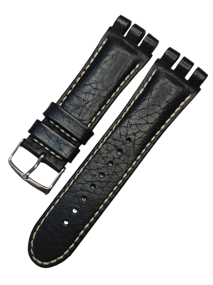 Swatch Yos Modeli 24mm Desenli Krem Dikişli Siyah Deri Saat Kordonu