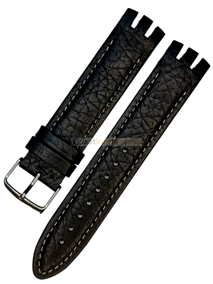 Swatch Ytb400 Beyaz Dikişli Siyah Deri Saat Kordonu