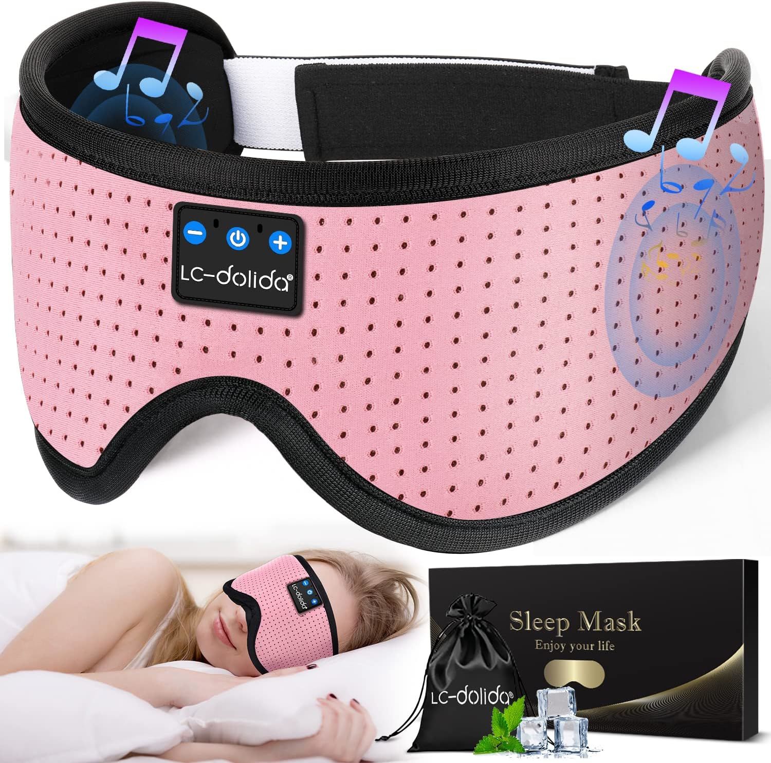 LC-dolida 3D Uyku Maskesi - Bluetooth Kablosuz Müzik - Klasik Pembe