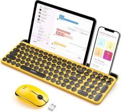 Seenda Yuvarlak Tuşlu Sevimli Kablosuz Klavye ve Mouse, Bluetooth 2.4G - Sarı/Siyah