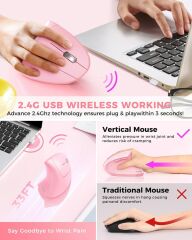 Lekvey Dikey Kablosuz Ergonomik Mouse, Şarj Edilebilir 2.4G Optik - Pembe