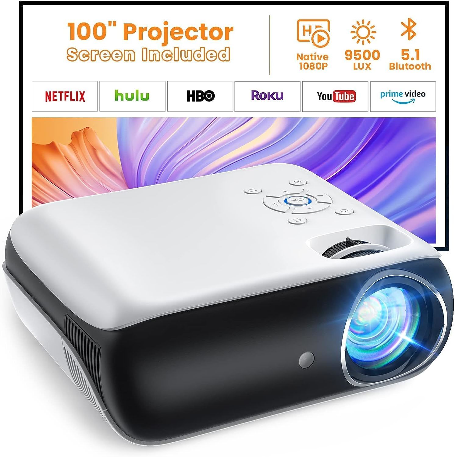 HAPPRUN 1080P 9500L Taşınabilir Dış Mekan Bluetooth Film Projektörü -100 Inc