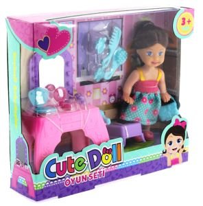 Cute Doll Mini Bebek Aksesuarlı ve Makyaj Masalı Oyun Seti