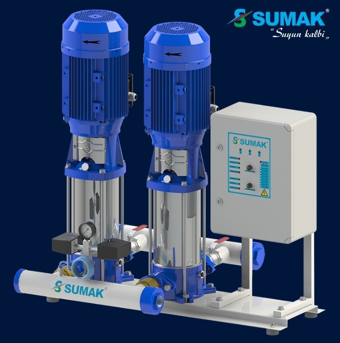 Sumak  SHTPD16 B  750/14     2X5.5 kW  380V  İki Pompalı Düşey Milli Paslanmaz Çark ve Difüzörlü Hidrofor (Krom Hidrofor)
