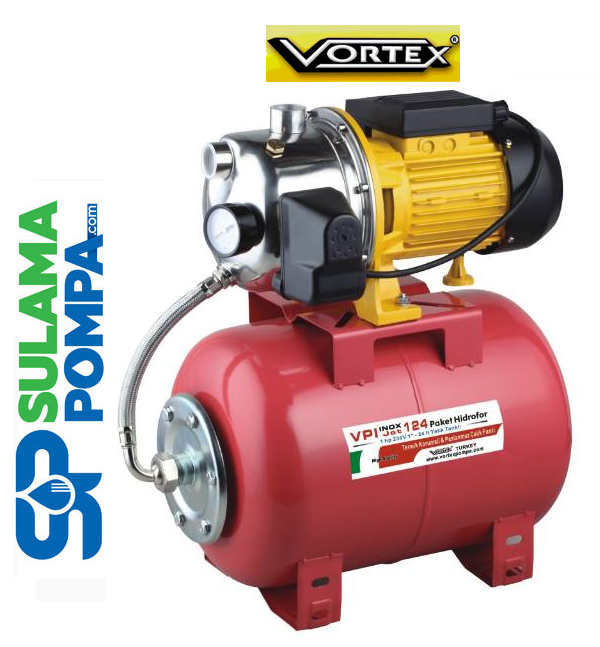 VORTEX VPİ Inox Jet 124 : VPİ 100 1HP & 24 LT Yatık Tanklı Paket Hidrofor