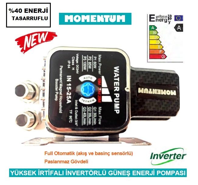 MOMENTUM  IN15-25A  100W 24V/220V  PASLANMAZ GÖVDELİ FULL OTOMATİK YÜKSEK İRTİFALI İNVERTÖRLÜ GÜNEŞ ENERJİ POMPASI (Akış ve basınç sensörlü)