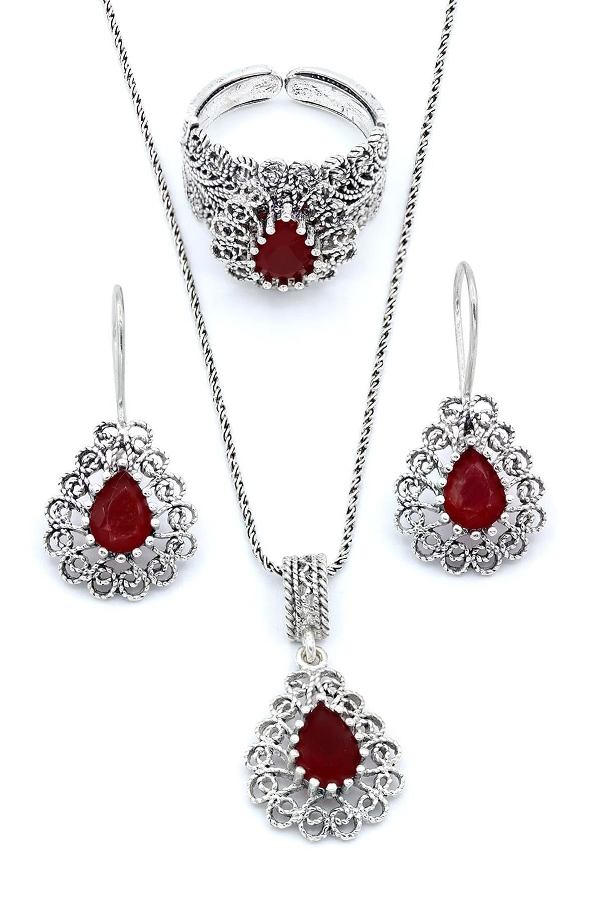 Kök Yakut Taşlı Damla Modeli Telkari Gümüş Set 193