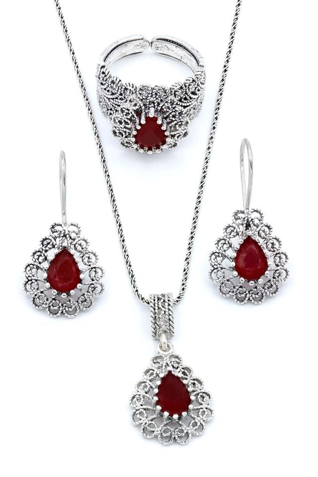 Kök Yakut Taşlı Damla Modeli Telkari Gümüş Set 193
