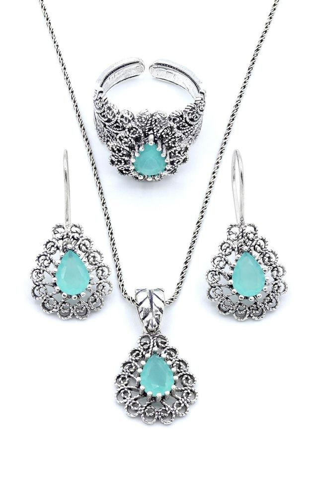 Turkuaz Taşlı Damla Modeli Telkari Gümüş Set 194