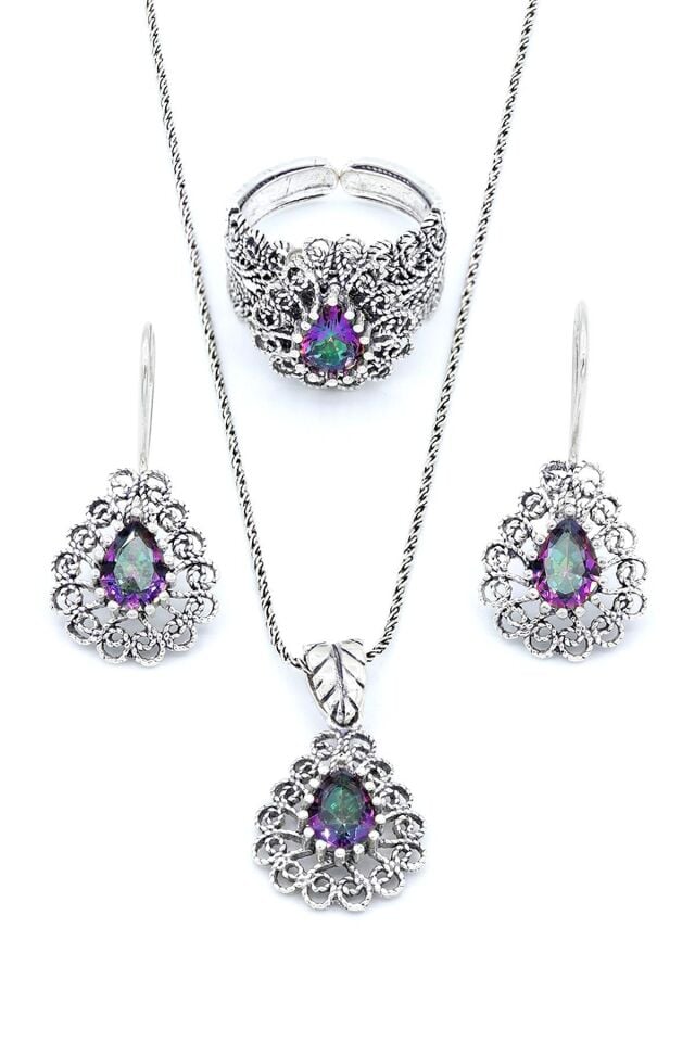 Mistik Topaz Taşlı Damla Modeli Telkari Gümüş Set 195