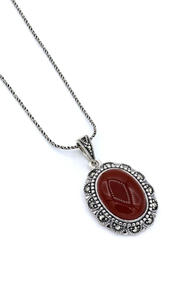 Bordo Akik Taşlı Markazit Gümüş Kolye 092