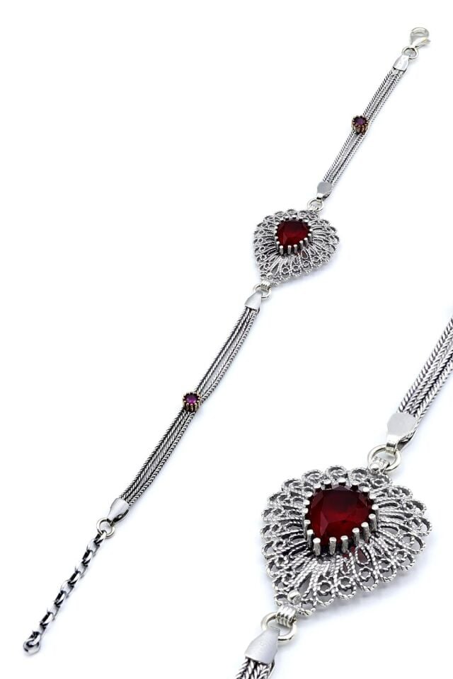 Damla Modeli Kök Yakut Taşlı Telkari Gümüş Bileklik 096