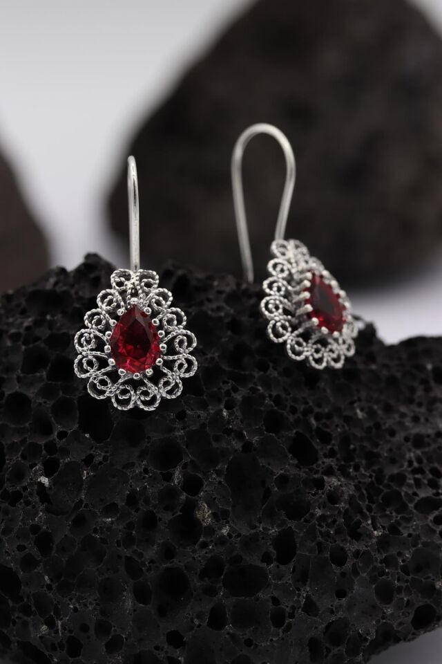 Pembe Zirkon Taşlı Damla Modeli Telkari Gümüş Küpe 201