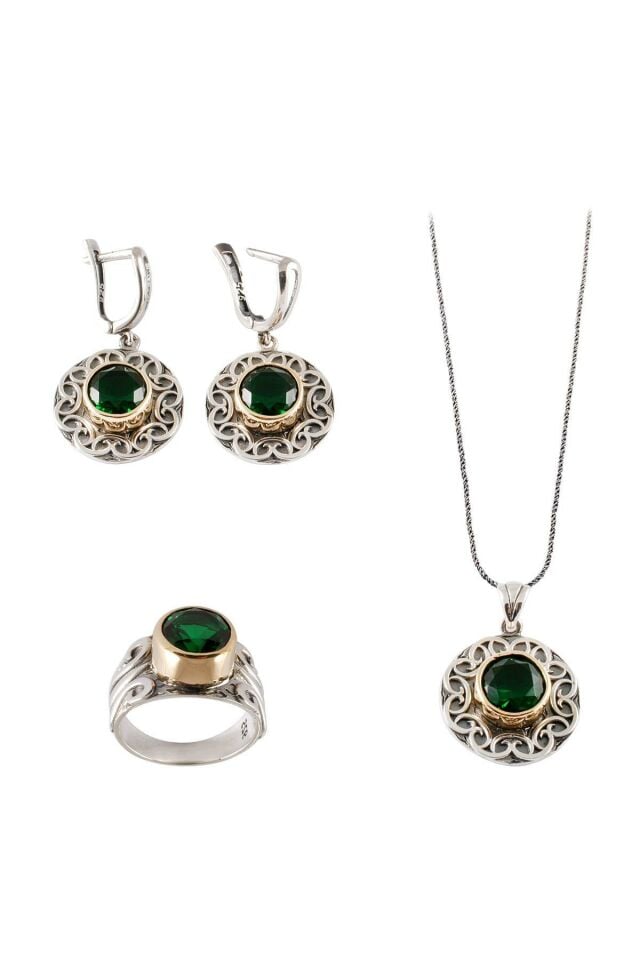 Yeşil Zirkon Taşlı Çekiç Dövme Gümüş Set 022
