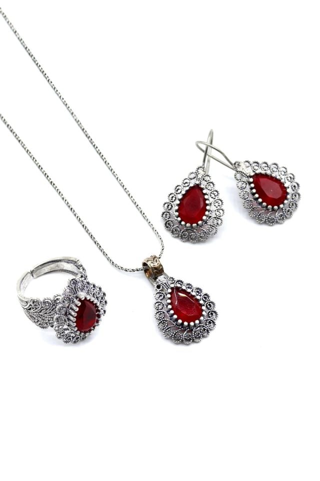 Kök Yakut Taşlı Telkari Gümüş Set 036