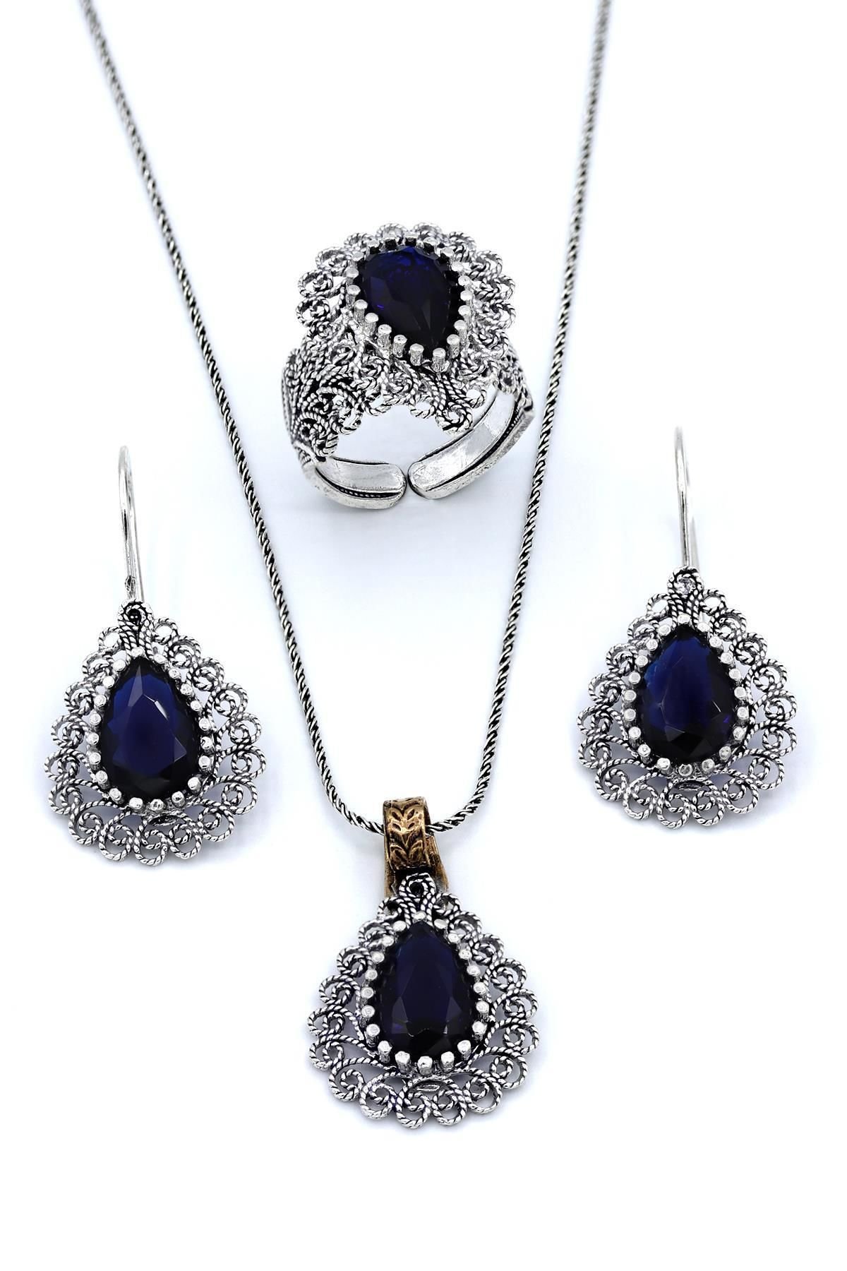 Kök Safir Taşlı Telkari Gümüş Set 038