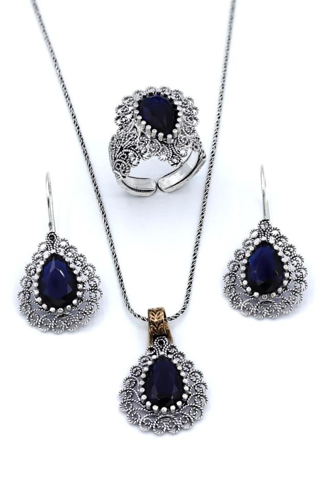 Kök Safir Taşlı Telkari Gümüş Set 038