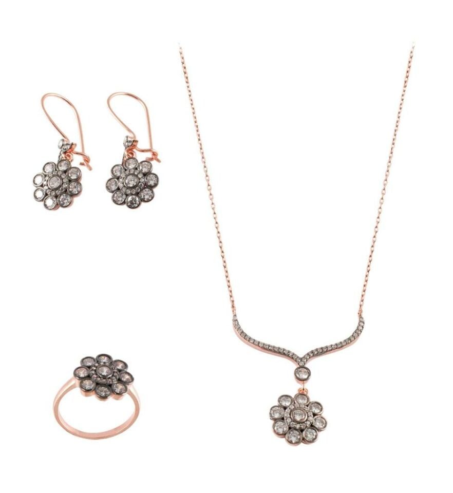 Elmas Montürlü Roz Gümüş Set 035