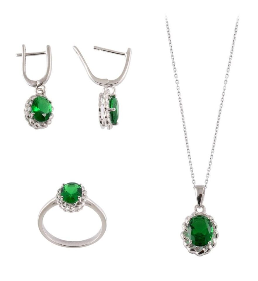 Yeşil Zirkon Taşlı Gümüş Set 043