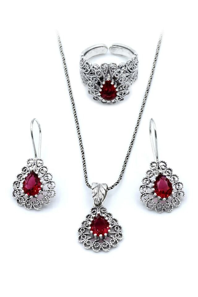 Kırmızı Zirkon Taşlı Damla Modeli Telkari Gümüş Set 146