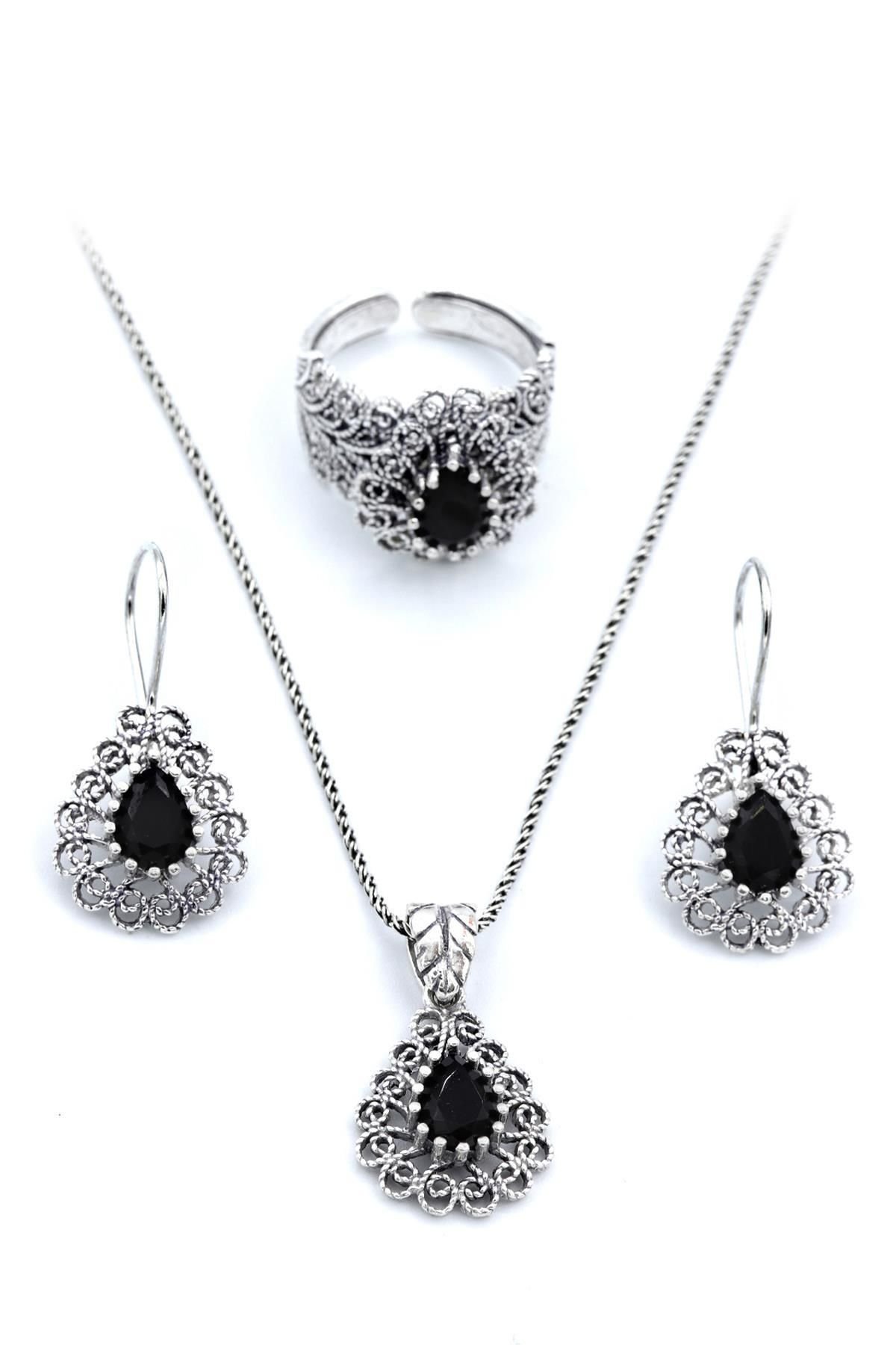 Oniks Taşlı Damla Modeli Telkari Gümüş Set 148