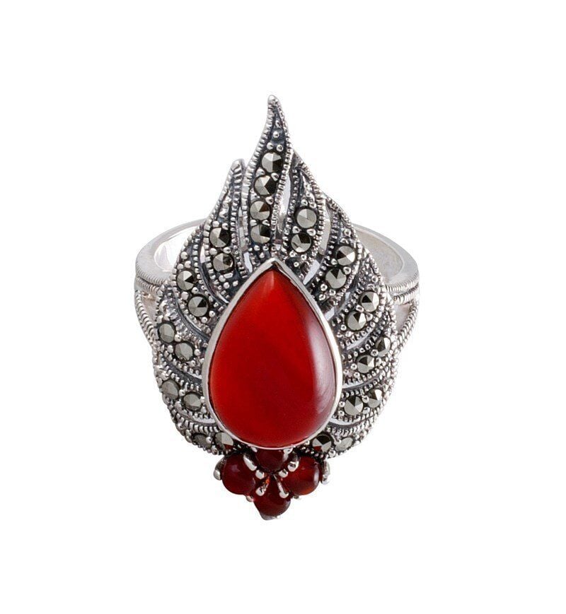Bordo Akik Taşlı Markazit Gümüş Yüzük 027