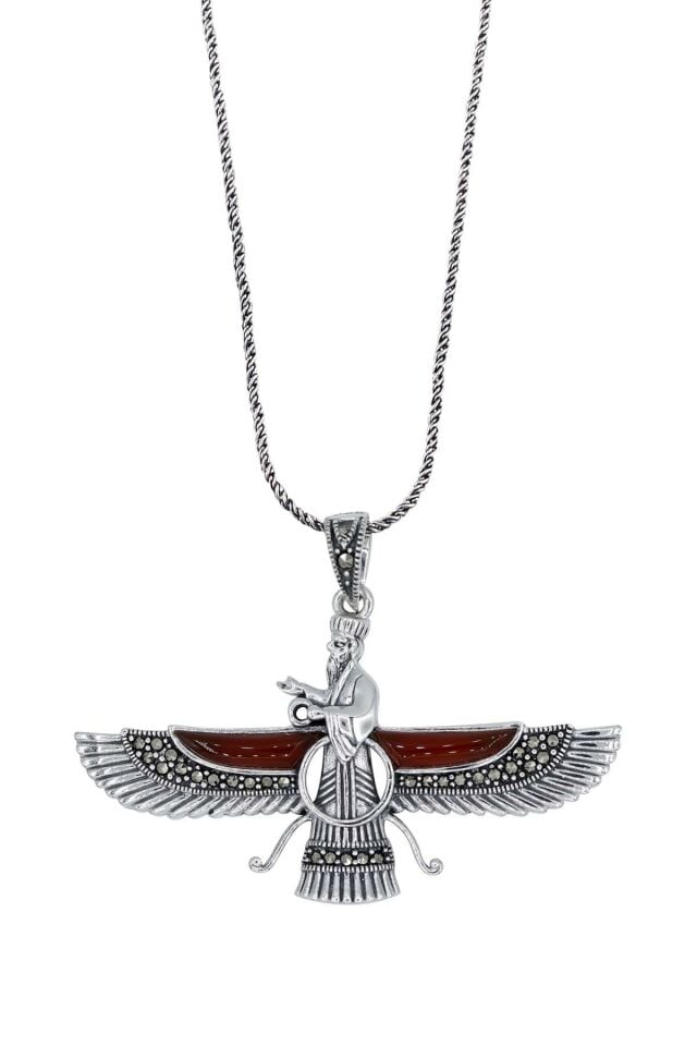 Bordo Akik Taşlı Büyük Boy Ahura Mazda Gümüş Kolye 094