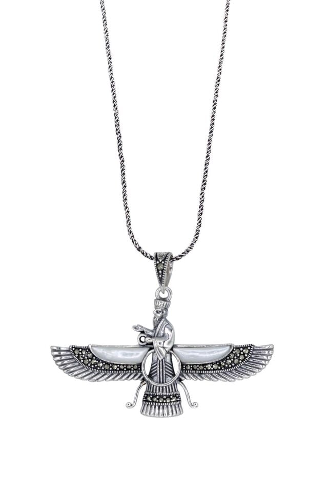 Sedef Taşlı Orta Boy Ahura Mazda Gümüş Kolye 097