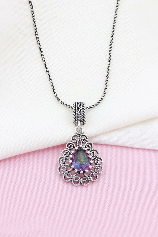 Mistik Topaz Taşlı Damla Modeli Telkari Gümüş Kolye 505