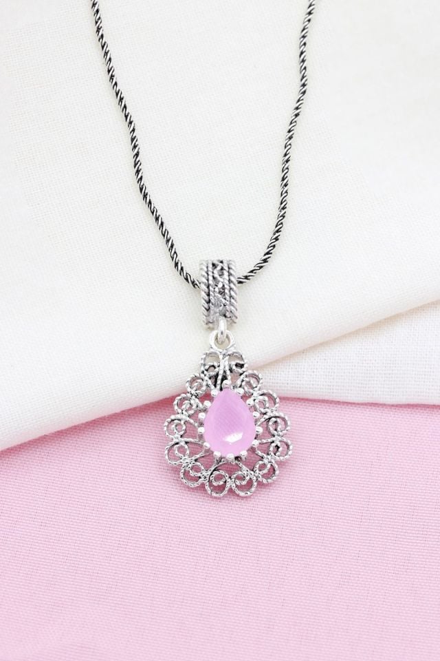 Pembe Kuvars Taşlı Damla Modeli Telkari Gümüş Kolye 506